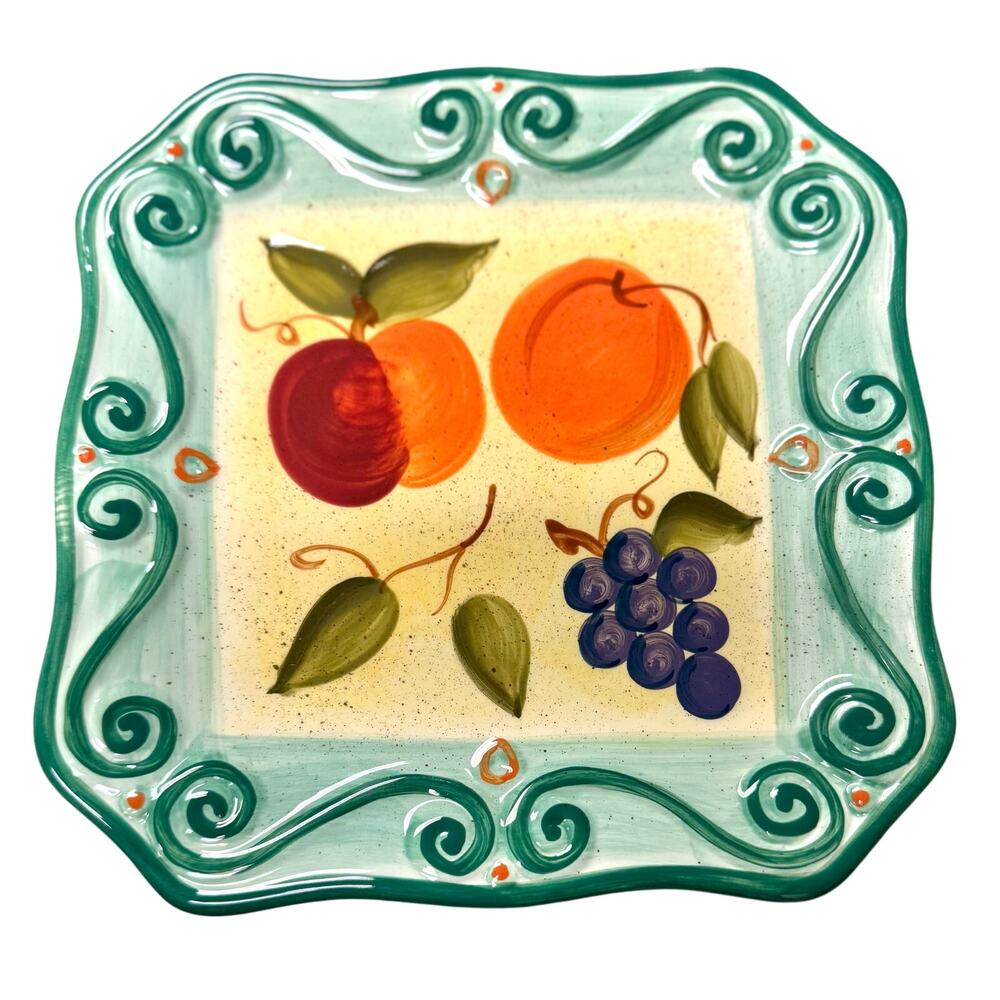 Tabletops Unlimited Medici Fruit Motif w. Scrolls 11" Large Rim Dinner Plate Grn